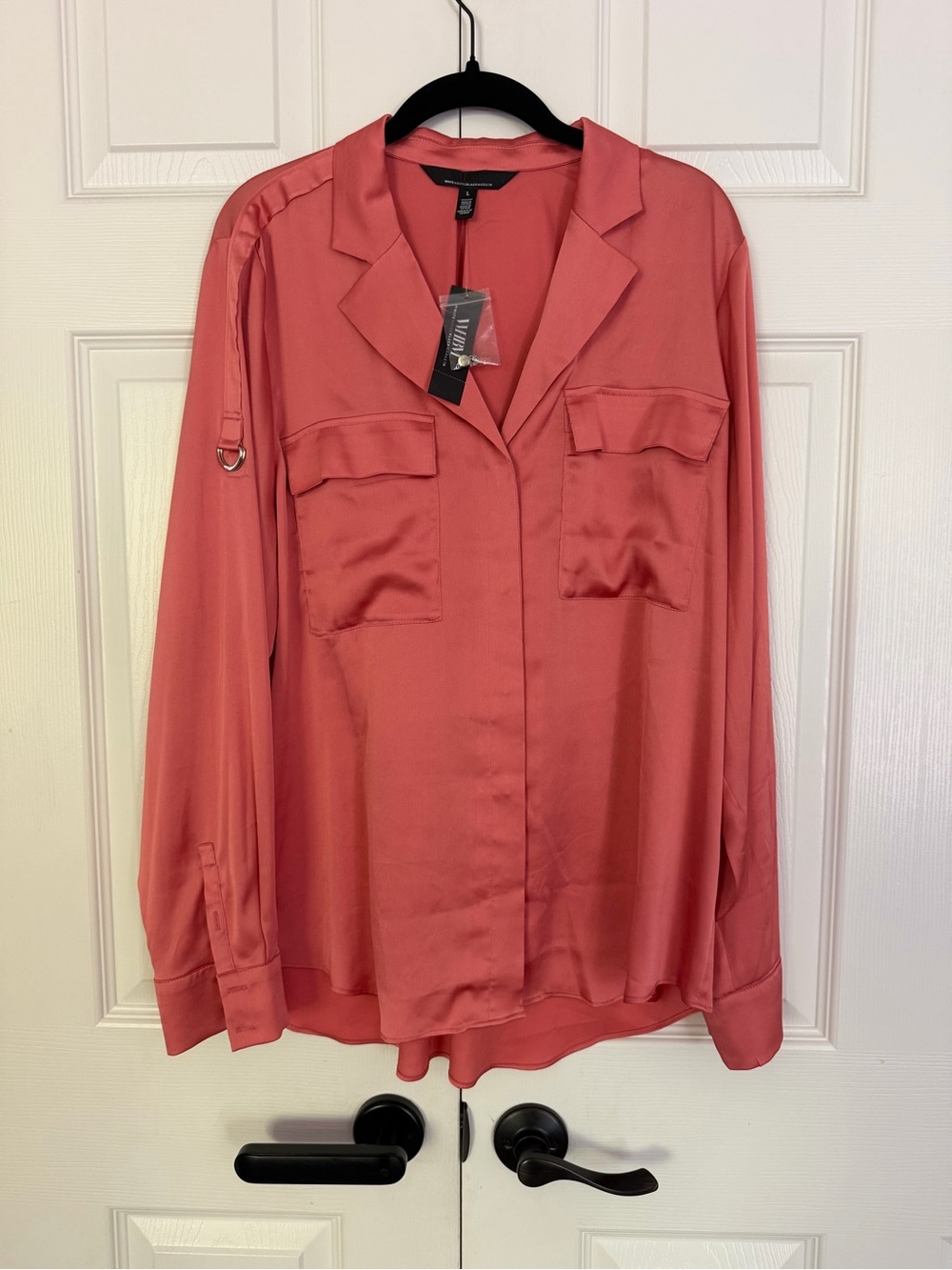 NWT WHBM Soft Shirt Peach Dahlia Satin Utility Blouse Size L
